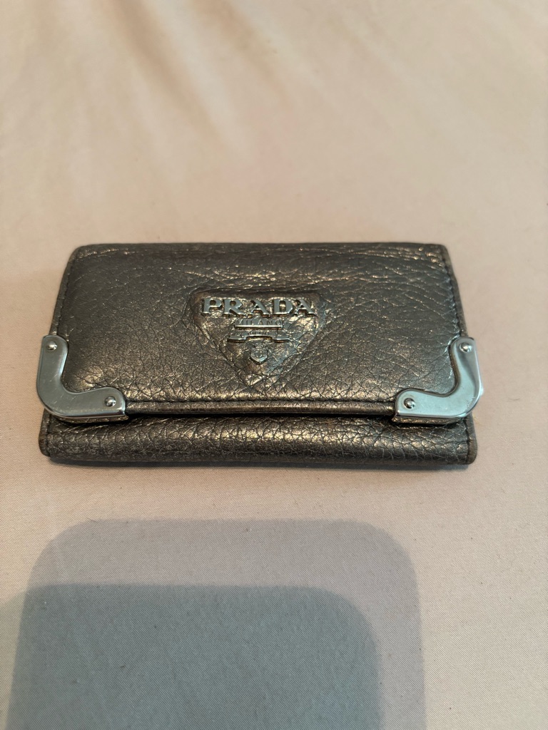 Authentic Prada Metallic Anthracite Leather Key Case Rare Cahier Hardware